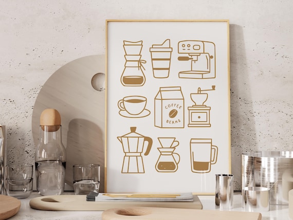 Coffee Print Wall Art, Espresso Poster, Kitchen Print, Coffee Art, Gold Minimal Drawing, Hand Drawn Art, Foodie Gift Idea, Digital Download