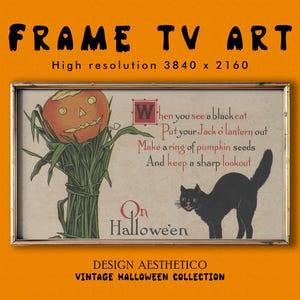 Arte para TV enmarcada: Postal vintage de Halloween "En Hallowe'en" / Decoración otoñal única y espeluznante / Gato negro / Descarga digital instantánea + BONIFICACIÓN / CanvasTV