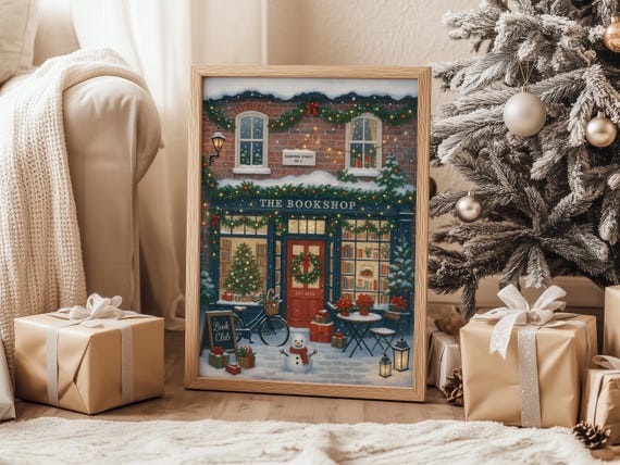 Christmas Bookshop Printable Wall Art, Winter Holiday Cottagecore, Library and Home Decor, Book Lover Gift, Bookish Gift, Print at Home