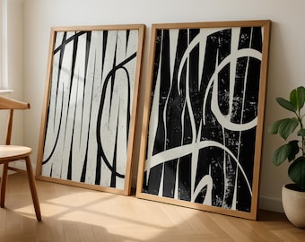 Abstract Black and Grey Wall Art Set of 2, Modern Minimalist Prints, Geometric Line Art, Contemporary Digital Download
