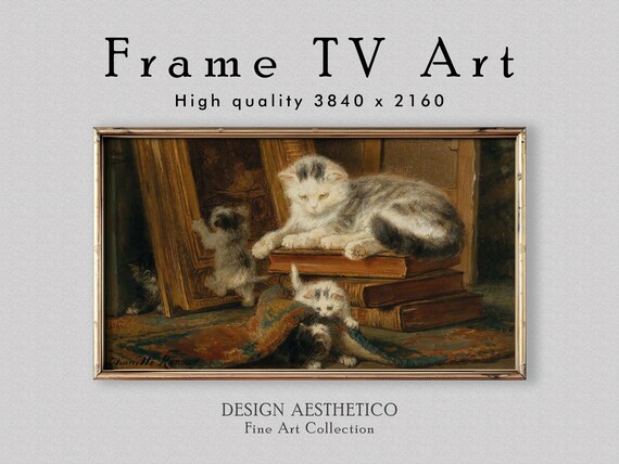 Frame TV Art: Hide & Seek | Cat and her Kittens Vintage Still Life Painting | Oil on Canvas | Fine Art Home Decor | Digital Download +BONUS