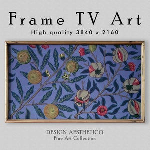 May include: A framed print of a vintage botanical illustration featuring a blue background with a repeating pattern of green leaves, yellow flowers, and red and white pomegranate fruit. The frame is gold and the print is titled "DESIGN AESTHETICO Fine Art Collection".