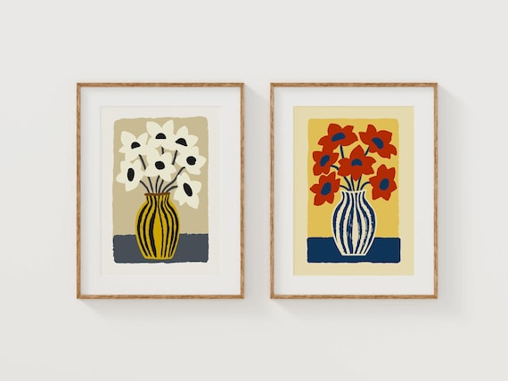 Colorful Flowers Wall Art Set, Modern Floral Vase Prints, Bold Botanical Digital Artwork for Bright Living Room and Kitchen Decor
