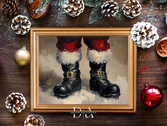 Santa's Boots in Snow, Printable Wall Art, Christmas Decor & Holiday Decor Print, Digital Vintage Style Oil Painting, Instant Download