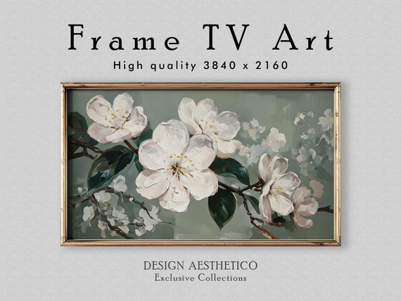 Frame TV Art: White Cherry Blossoms | Floral Wall Art Decor | Textured Oil Painting | High Resolution Artwork | Digital Download | CanvasTV