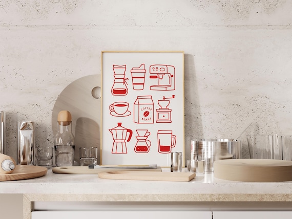 Coffee Print Wall Art, Espresso Poster, Kitchen Print, Coffee Art, Red Minimal Drawing, Hand Drawn Art, Foodie Gift Idea, Digital Download