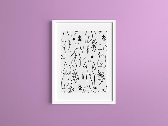 Hand-Drawn Naked Woman Boho Art Print, Black & White Printable Wall Art, Bedroom Wall Decor, Modern Wall Art Pattern, Feminine Body Drawing