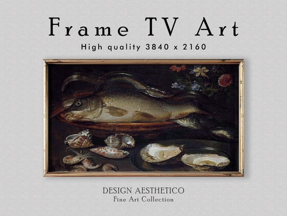 Frame TV Art | Vintage Oil Painting: "Still life with fish, oysters and shrimps" | Fine Wall Art & Home Decor | Digital Download + BONUS