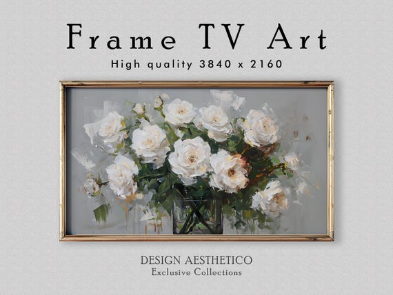 Frame TV Art: White Rose Bouquet | Floral Still Life Oil Painting | Minimalist Wall Art | 4K Artwork | Digital Download + BONUS | CanvasTV