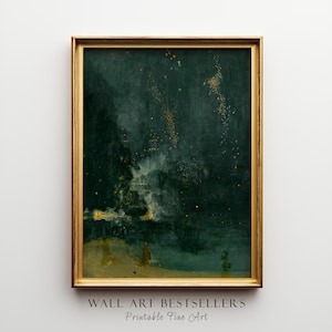 Pode incluir: Pintura abstrata emoldurada com uma paleta de cores verde escuro e dourado. A obra apresenta uma composição texturizada e melancólica com toques de luz e detalhes dourados. A moldura é de cor dourada quente. O texto na parte inferior diz "WALL ART BESTSELLERS Printable Fine Art."