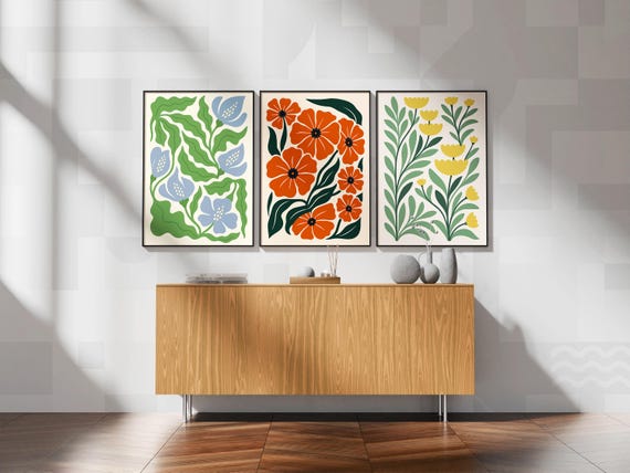 Boho Abstract Flowers Print Set of 3, Floral Wall Art, Vintage Art Print, Boho Printable Art, Flower Market Poster, Digital Art Bundle