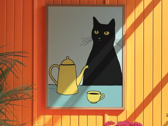 Black Cat Kitchen Wall Art, Whimsical Cat and Coffee Print, Retro Minimalist Cat Illustration, Cute Animal Artwork for Cat Lovers
