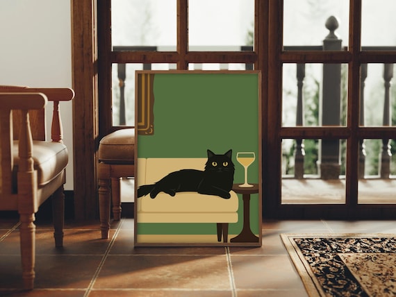 Black Cat & Wine Printable Wall Art, Whimsical Cocktail Art Print, Bar Cart Decor, Trendy Cat Art, Quirky Print | Digital Download