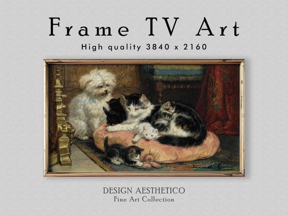 Frame TV Art: A cat with kittens & dog - Vintage Still Life Painting | Oil on Canvas | Fine Art Home Decor | Instant Digital Download +BONUS