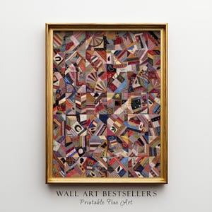 Farmhouse Horse & Cottage Print: Vintage Crazy Patchwork Quilt, Printable Wall Art (Digital Download)