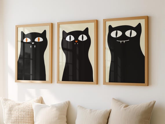 Quirky Cat Wall Art, Set of 3 Printables, Funny Black Cat Prints, Minimalist Cat Posters, Playful Cat Lover Decor, Feline Illustration