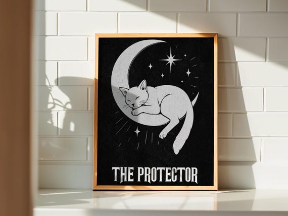 Black Cat Wall Art, Witchy Black Cat and Moon Illustration, Sleeping Cat, The Moon, Printable Art, Mystical Celestial Decor, The Protector