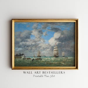 Printable Vintage Wall Art, Antique Sailing Boat Print, Nautical Sailboats, Coastal Seascape, Maritime Deko
