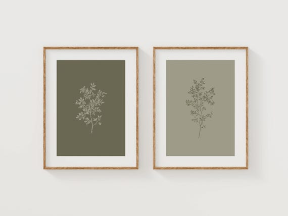Olive Green Botanical Art Print Set, Scandinavian Style Minimalist Wall Decor, Printable Wall Art, Muted Earthy Tones, Plant Line Drawings