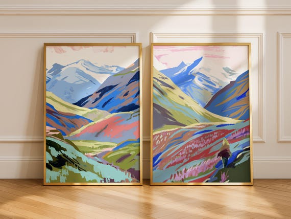 Mountain Landscape Wall Art Set, Vibrant Color Modern Nature Prints & Snowy Peaks, Scenic Hiking Artwork for Adventure Inspired Home Decor