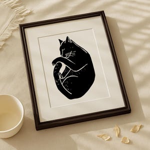 Minimalist Black Sleeping Cat Wall Art, Linocut Style Print, Cozy Feline Silhouette, Printable Cat Illustration, Cat Lover Gift, Home Decor