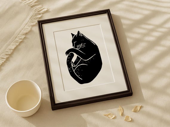 Minimalist Black Sleeping Cat Wall Art, Linocut Style Print, Cozy Feline Silhouette, Printable Cat Illustration, Cat Lover Gift, Home Decor