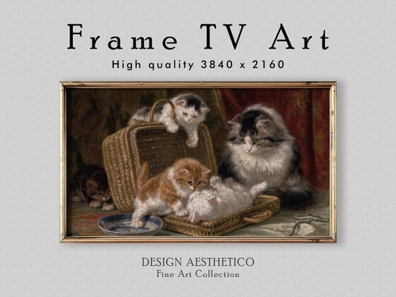 Frame TV Art: Kittens playing in a basket - Vintage Cat Still Life Painting | Oil on Canvas | Fine Art Home Decor | Instant Digital Download