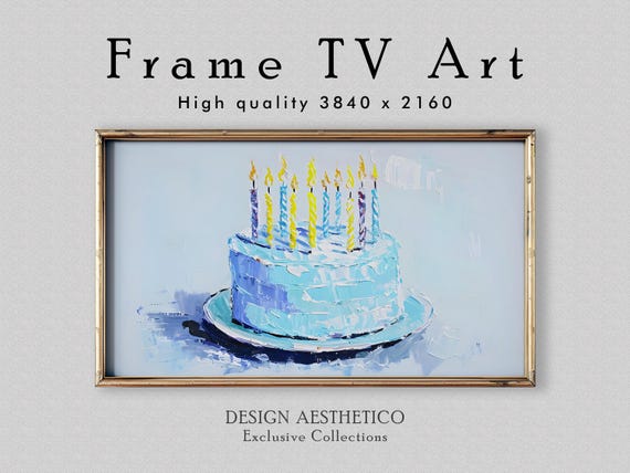 Frame TV Art: Blue Birthday Cake | Party Decor Wall Art | Oil Painting | 4K High Resolution Artwork | Digital Download + BONUS | CanvasTV