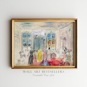 Może przedstawiać: Oprawiony obraz akwarelowy przedstawiający scenę balową z postaciami w eleganckich strojach. Grafika ma złotą ramę i tekst "WALL ART BESTSELLERS Printable Fine Art" na dole.