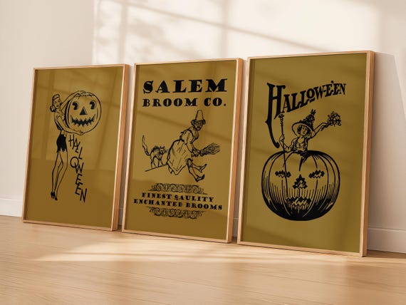 Vintage Halloween Wall Art Set | Witch, Pumpkin, Salem Broom Printable | Black and Gold Halloween Decor, Retro Spooky Digital Download