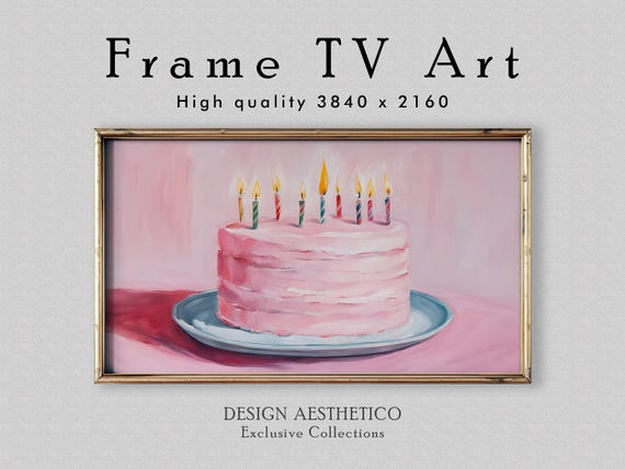 Frame TV Art: Pink Birthday Cake | Party Decor Wall Art | Oil Painting | 4K High Resolution Artwork | Digital Download + BONUS | CanvasTV