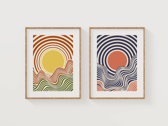Abstract Line Art, Printable Wall Art Set, Mid Century Modern Sun And Waves Prints, Minimalist Geometric Poster, Minimal Art Poster Decor