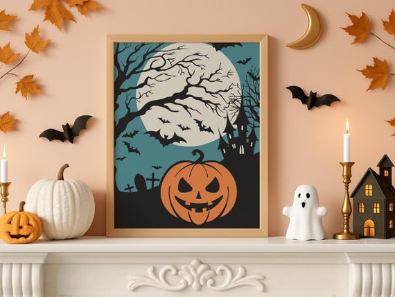Halloween Printable Wall Art, Halloween Decor, Spooky Pumpkin Haunted House Print, Full Moon Graveyard Decor, Gothic Halloween Poster