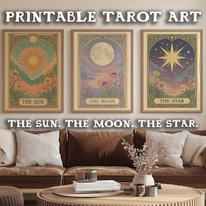 Printable Tarot Card Wall Art Bundle | The Sun, The Moon, The Star: Retro Astrology Poster, Boho Mysical Print, Home Decor, Digital Download