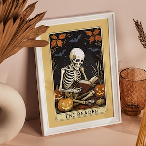 Printable Tarot Card Wall Art &quot;The Reader&quot;, Hallloween Skeleton Reader Poster, Book Lover Gift, Bookish Library Decor, Witchy Reading Nook