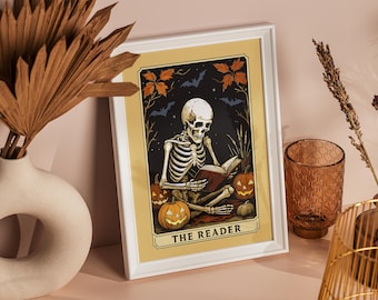 Printable Tarot Card Wall Art "The Reader", Hallloween Skeleton Reader Poster, Book Lover Gift, Bookish Library Decor, Witchy Reading Nook