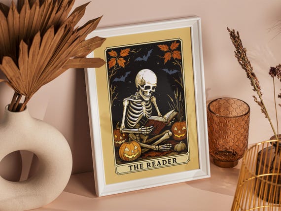 Printable Tarot Card Wall Art "The Reader", Hallloween Skeleton Reader Poster, Book Lover Gift, Bookish Library Decor, Witchy Reading Nook
