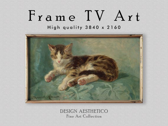 Frame TV Art: Cat Nap - Vintage Still Life Painting | Oil on Canvas | Fine Art Home Decor | Instant Digital Download + BONUS | Cat Art
