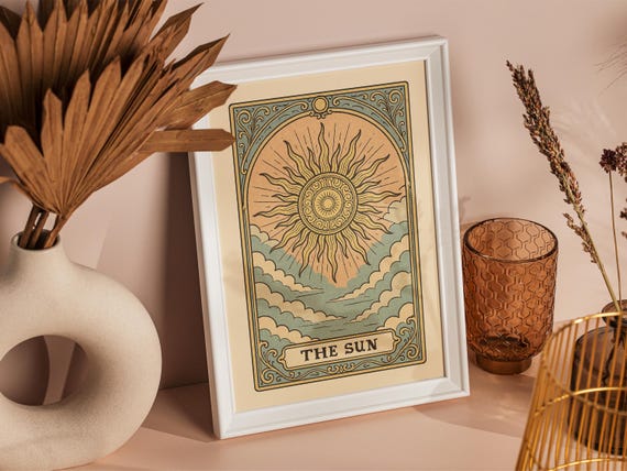 Printable Tarot Card Wall Art "The Sun", Retro Astrology Sun Poster, Vintage Boho Mysical Print, Home Decor, Instant Digital Download