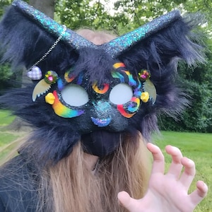 HQ Glittering Rainbow Cat Therian Mask || Lined