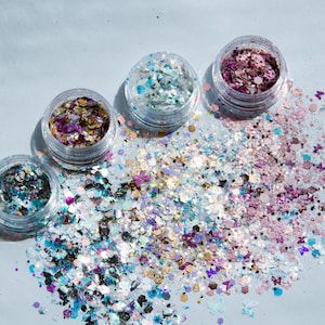 Holographic Glitter Mix Set for Resin Crafts, Slime, Nail Art and Whipped Cream Deco DIY, Iridescent Flakes in Jars for Kawaii Projects