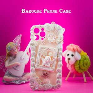 Handmade Pink Decoden Phone Case: Baroque Pearl, Butterfly & Angel