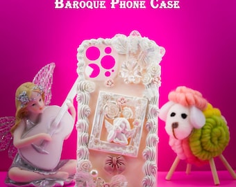 Handmade Pink Decoden Phone Case: Baroque Pearl, Butterfly & Angel