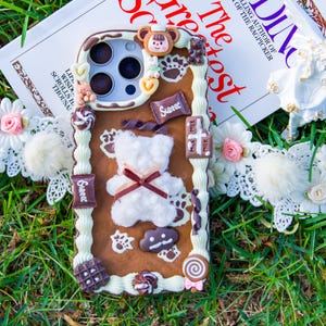 Handmade Chocolate Teddy Bear Decoden Phone Case: Cream Clay Cover