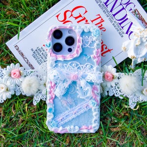 Handmade Decoden Phone Case: Pastel Blue Lace, Pearls & Roses