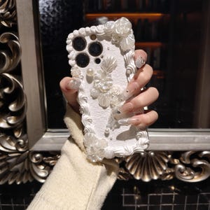 White Baroque Decoden Phone Case: Floral Pearl Shell Design