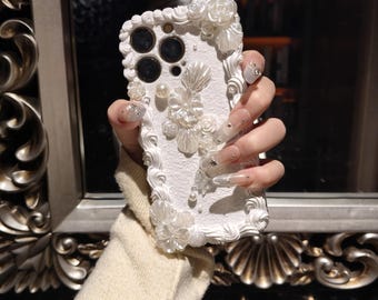 White Baroque Decoden Phone Case: Floral Pearl Shell Design