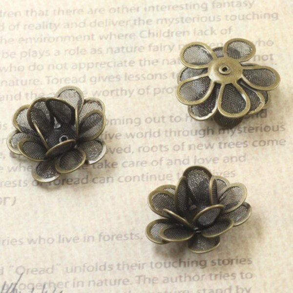 10pcs Antique Bronze Finish Meshy Rose Flower Drop Charms 20mm