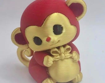 3D Printed Monkey Figurine – Red Gold Chinese Zodiac Collectible, 2 Inch Desk Charm