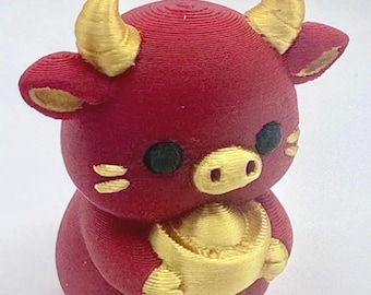 3D Printed Year of the Ox Figurine – Red Gold Kawaii Zodiac Collectible